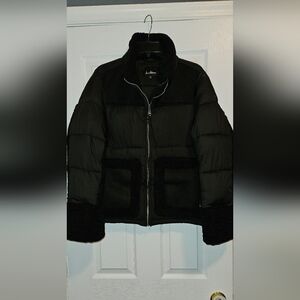 Sam Edelman Mixed Media Puffer Jacket With Faux Fur Trim in black